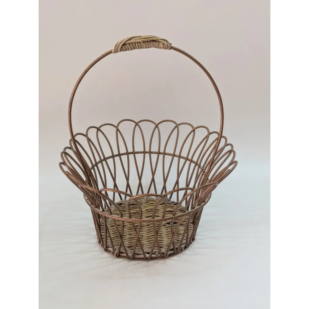 Vintage Bronze Wire Scalloped Petal Basket Woven Wicker Base Farmhouse Decor